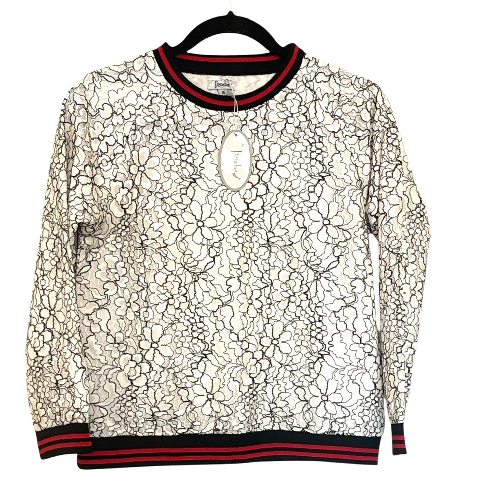 Frenchie Mini Couture giving Trussardi  brand vibes, white lace w/black, size 16